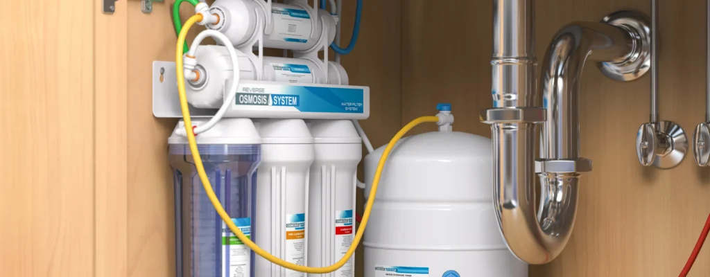 Under-sink water filtration system with filter cartridges and a storage tank