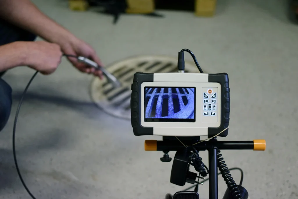 Plumber running a camera inspection through a floor drain