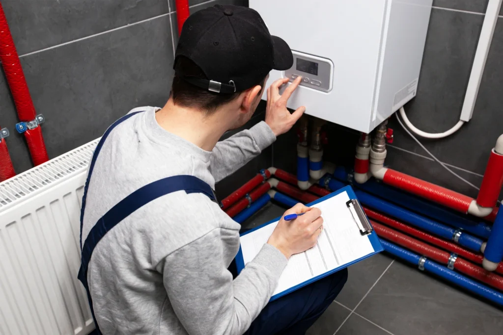 Technician taking notes while checking a wall-mounted water heater