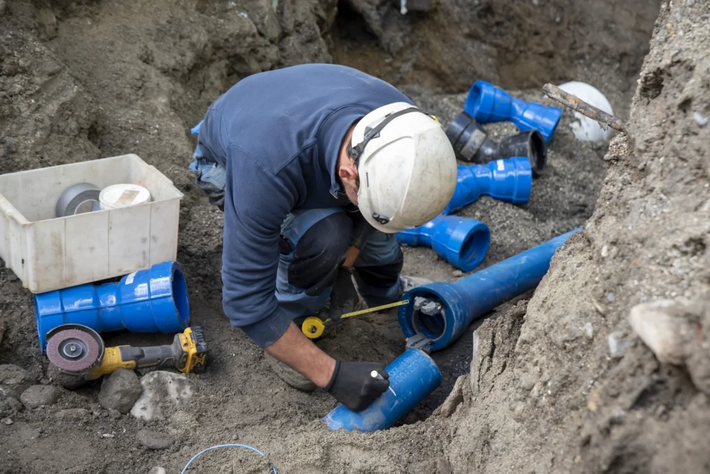 Plumber fitting blue water pipes in an excavated trench