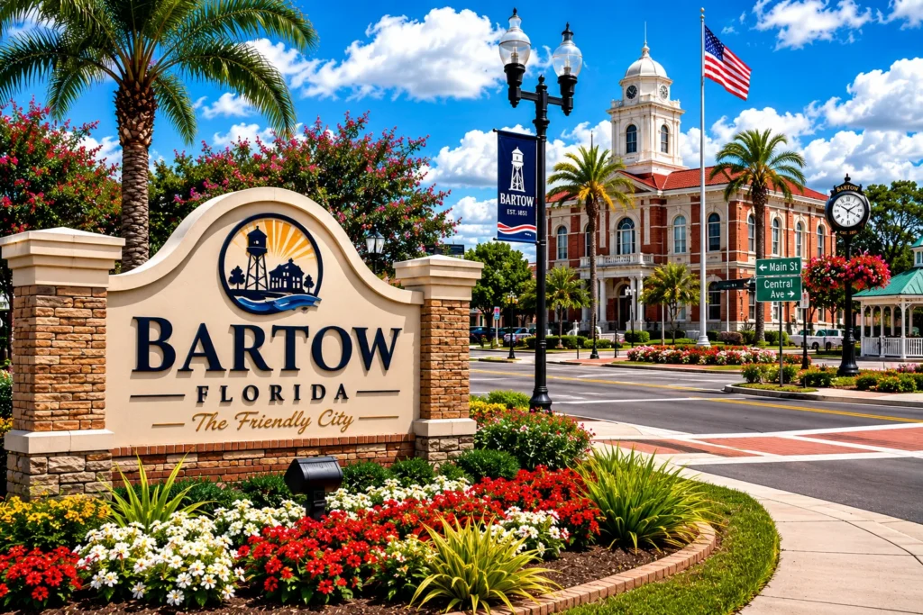 Bartow, FL welcome sign with flowers in front of a historic courthouse