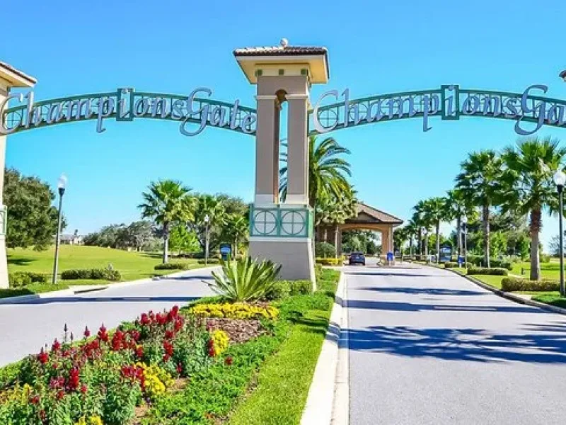 ChampionsGate, FL entrance tower and landscaped boulevard