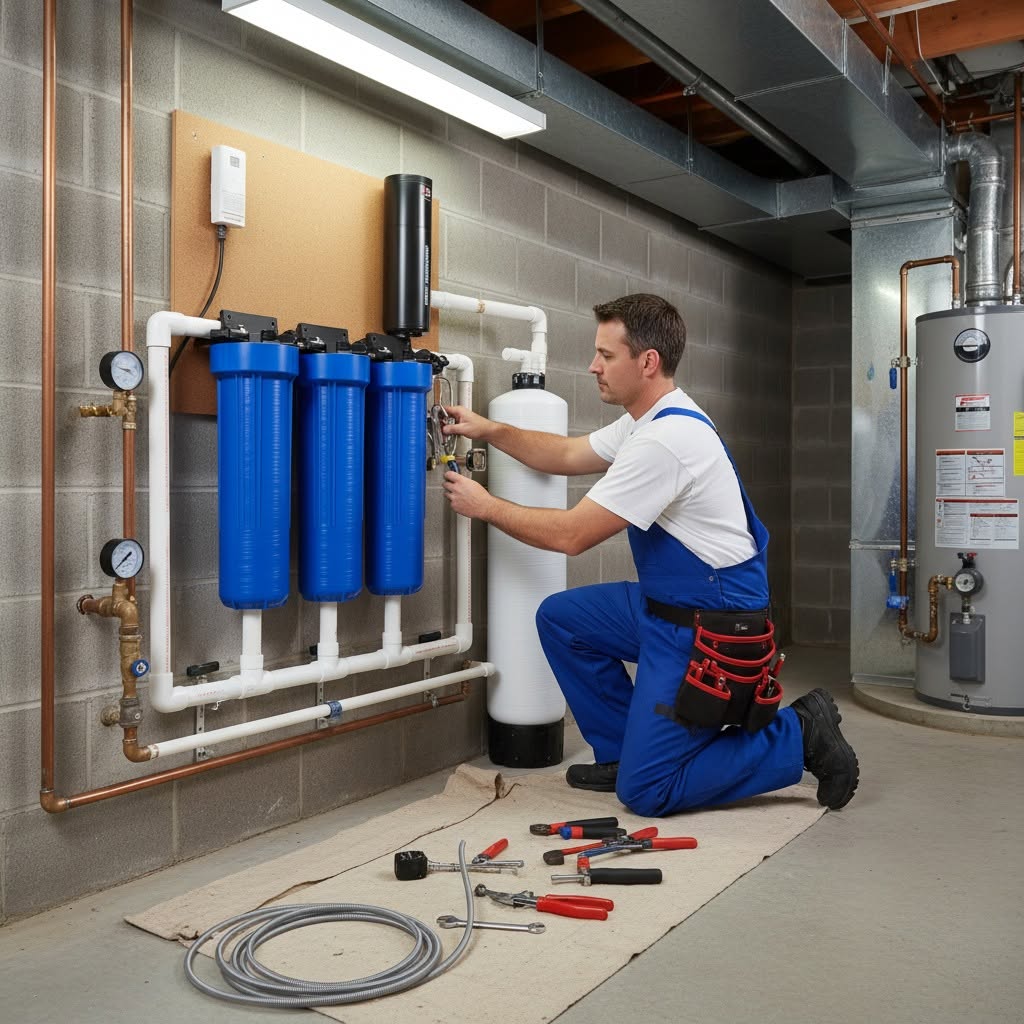Plumber installing a whole house water filtration system with blue filter housings