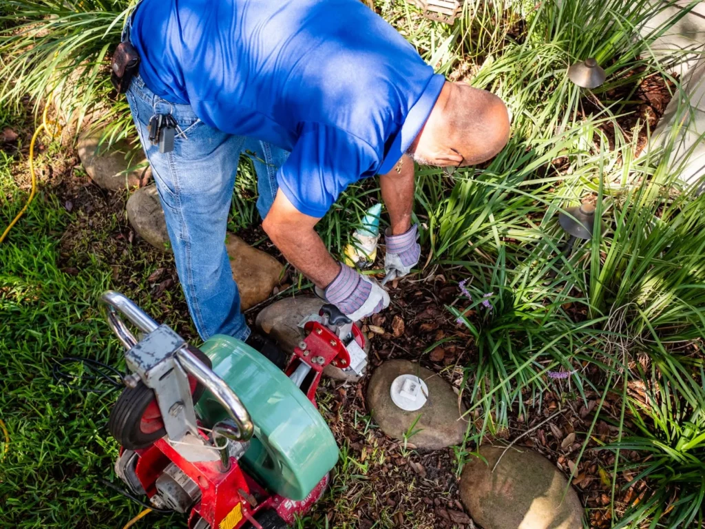 Plumber running a drain cleaning machine beside a home