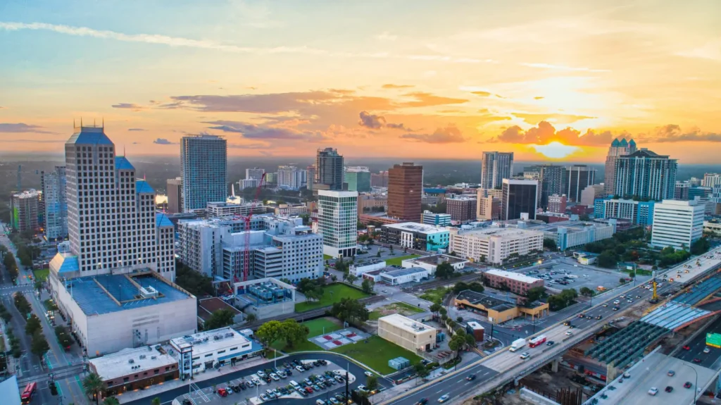 Downtown skyline at sunset in Orange County, FL
